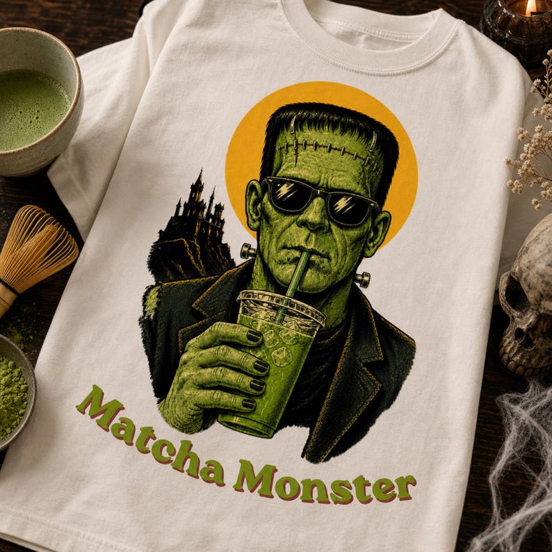 Może przedstawiać: Biały t-shirt z grafiką przedstawiającą zielonego potwora w czarnych okularach przeciwsłonecznych i ciemnej marynarce. Potw&oacute;r trzyma przezroczysty plastikowy kubek z zielonym napojem i słomką. Za postacią znajduje się ż&oacute;łte koło i sylwetka zamku. Poniżej nadrukowano zielony napis "Matcha Monster".
