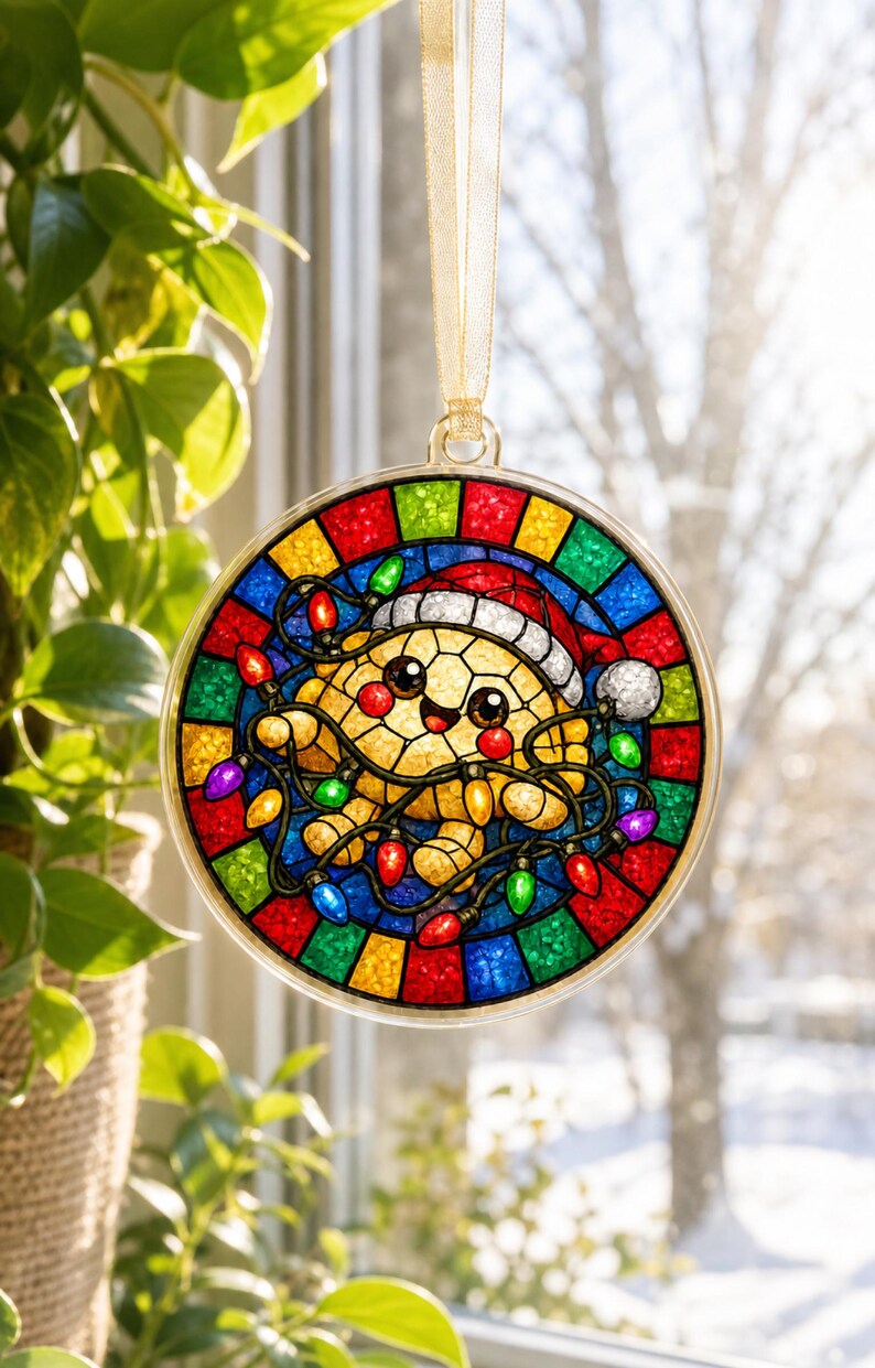 May include: A circular stained glass ornament featuring a yellow turtle wearing a red and white Santa hat, tangled in colorful Christmas lights. The border consists of alternating red, blue, green, and yellow glass segments, suspended by a gold ribbon.