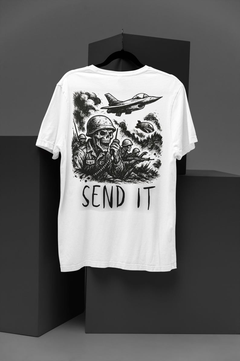 Send It Military Tee: Tactical Skull Soldier and Fighter Jet Graphic Shirt