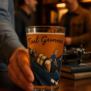 May include: A clear glass pint glass filled with amber beer, featuring a graphic illustration of a blue military aircraft and a person in a blue shirt and white shorts. The text Tail Gunner is printed in black script above the illustration.