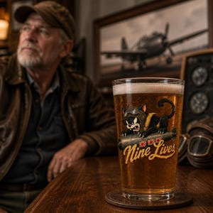 Op de afbeelding: Een helder bierglas gevuld met goudkleurig bier, voorzien van een afbeelding van een zwarte kat met een vliegeniershelm en bril die op een bom rijdt. De tekst "Nine Lives" is in een geel lettertype onder de illustratie gedrukt.