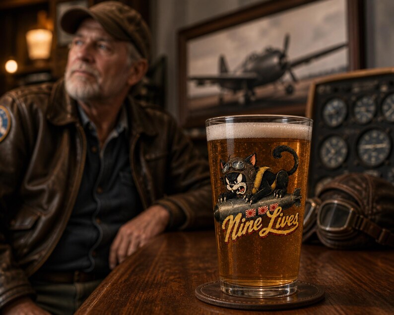 Op de afbeelding: Een helder bierglas gevuld met goudkleurig bier, voorzien van een afbeelding van een zwarte kat met een vliegeniershelm en bril die op een bom rijdt. De tekst "Nine Lives" is in een geel lettertype onder de illustratie gedrukt.