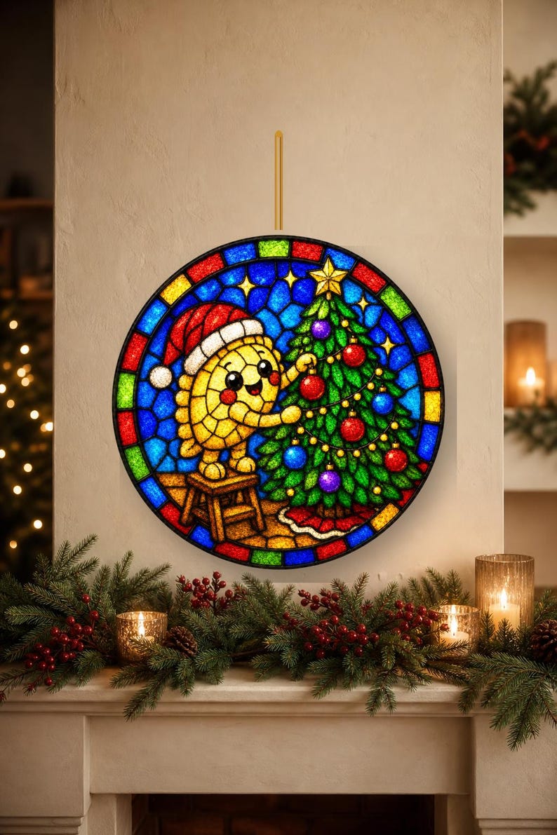 May include: A circular stained glass-style wall hanging featuring a yellow, round character wearing a red and white Santa hat, standing on a small wooden stool to decorate a green Christmas tree with red and blue ornaments and a yellow star.