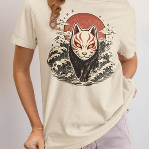 Japanese Fox Spirit Kitsune Mask T-Shirt, Vintage Ukiyo-e Woodblock Graphic Tee image 5