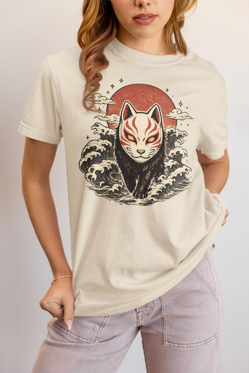 Japanese Fox Spirit Kitsune Mask T-Shirt, Vintage Ukiyo-e Woodblock Graphic Tee image 5