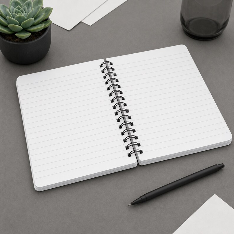 May include: An open spiral-bound notebook with white lined pages and a black metal coil spine. The notebook is positioned on a flat surface alongside a sleek black ballpoint pen, a small potted succulent plant, and a dark glass container.