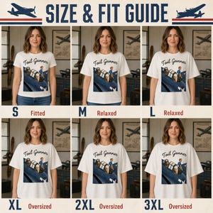 May include: A size and fit guide for a white t-shirt featuring a graphic of a person in a plane cockpit with the text Tail Gunner. The grid displays six variations of the shirt in sizes S, M, L, XL, 2XL, and 3XL, labeled as fitted, relaxed, or oversized.
