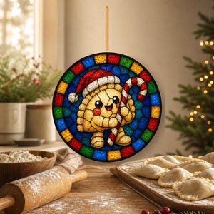 May include: A circular stained glass ornament featuring a cartoon dumpling character wearing a red and white Santa hat and holding a red and white striped candy cane. The character is centered against a background of blue, green, and yellow glass.