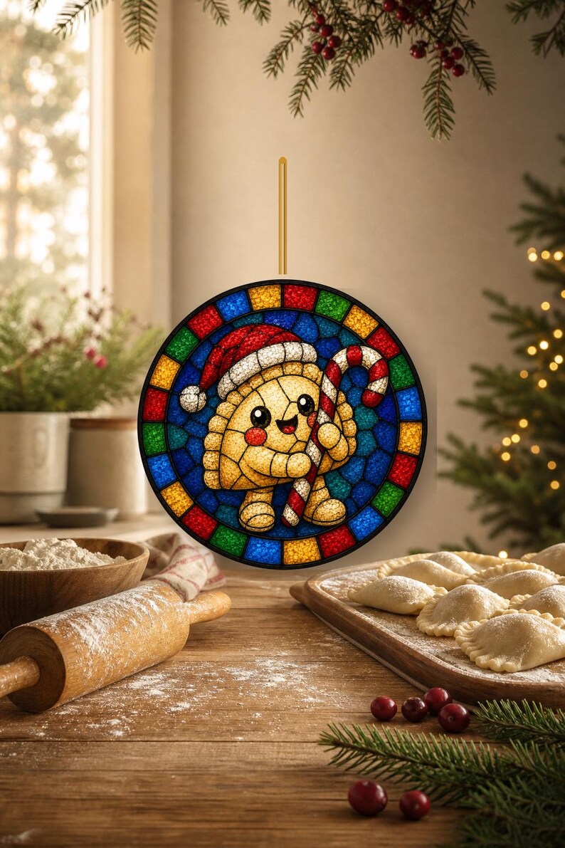 May include: A circular stained glass ornament featuring a cartoon dumpling character wearing a red and white Santa hat and holding a red and white striped candy cane. The character is centered against a background of blue, green, and yellow glass.