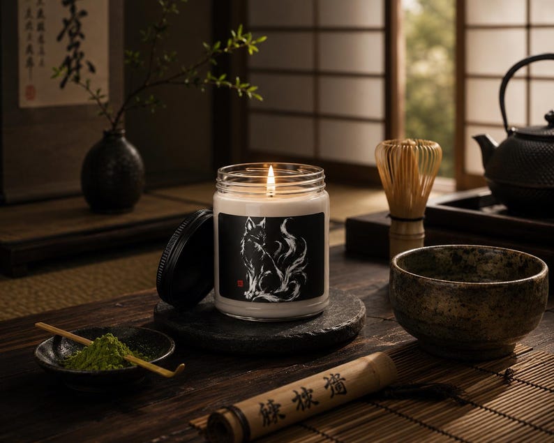 May include: A clear glass jar candle with a lit wick and a black label featuring a white illustration of a fox with a flowing tail. The candle has a black lid resting beside it on a dark stone coaster, set among various tea-related items.
