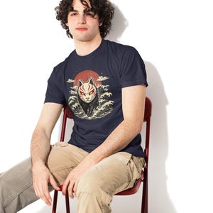 Japanese Fox Spirit Kitsune Mask T-Shirt, Vintage Ukiyo-e Woodblock Graphic Tee image 2