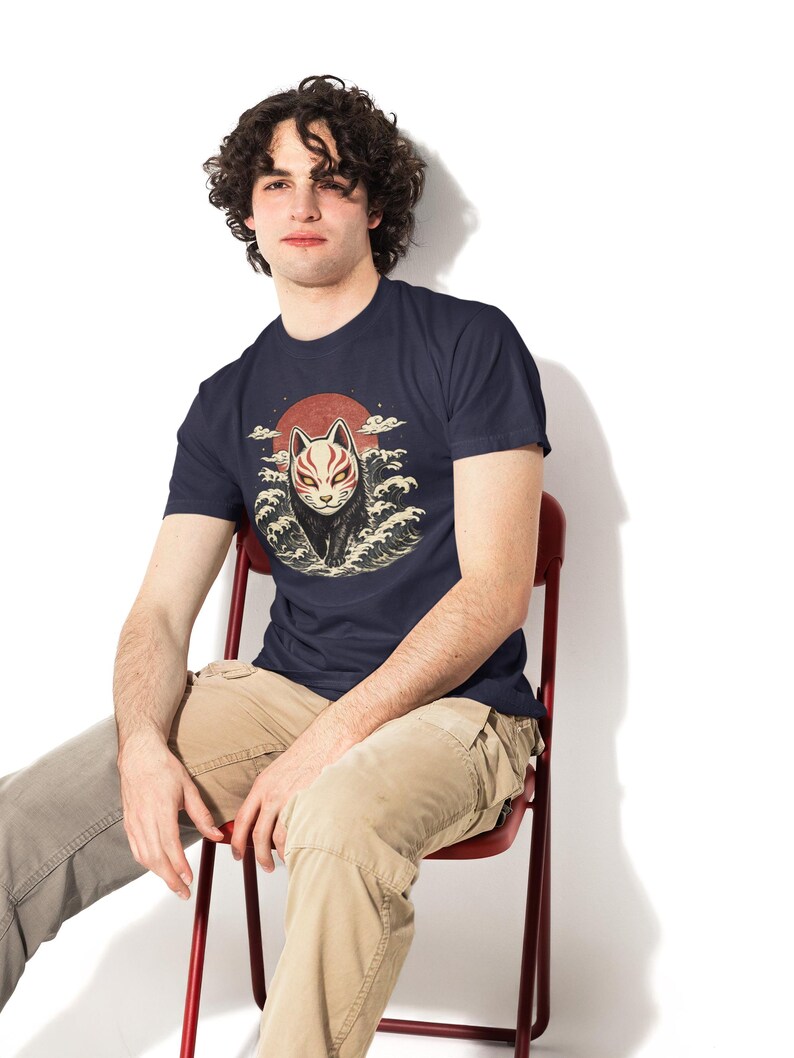 Japanese Fox Spirit Kitsune Mask T-Shirt, Vintage Ukiyo-e Woodblock Graphic Tee image 2