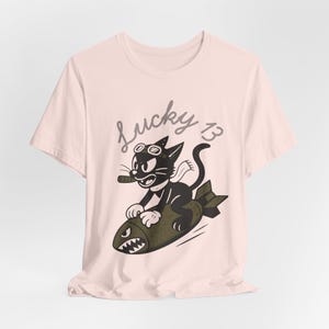 WWII Bomber Nose Art T-Shirt | Lucky 13 Cartoon Cat | Vintage Aviation Pilot Gift image 8
