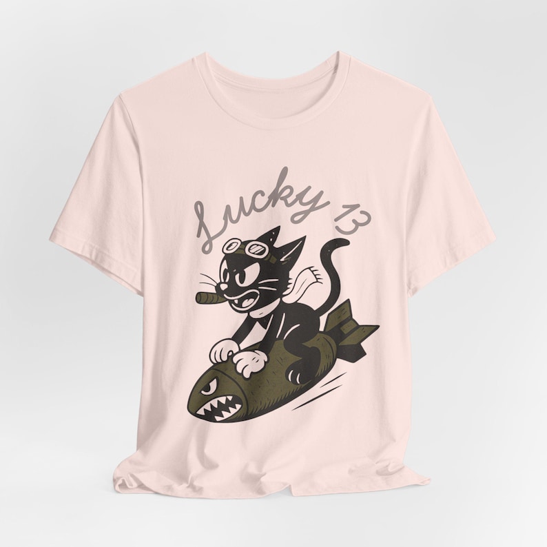 WWII Bomber Nose Art T-Shirt | Lucky 13 Cartoon Cat | Vintage Aviation Pilot Gift image 8