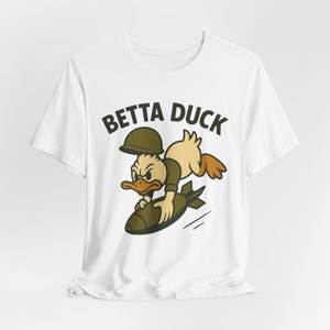 Betta Duck Bomb Rider T-Shirt: Retro Cartoon Military Nose Art Style image 5