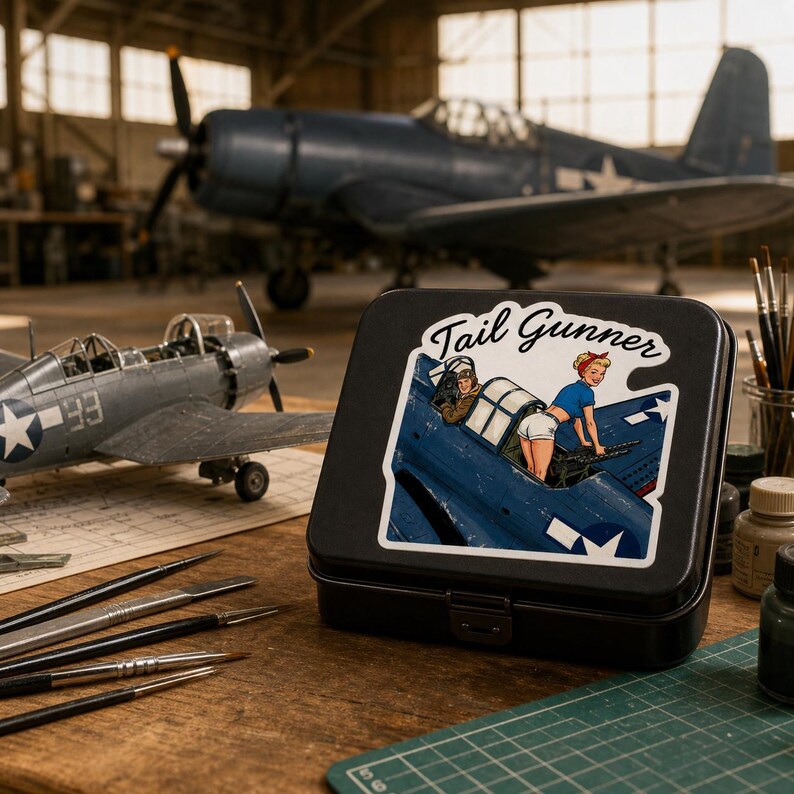 May include: A black rectangular metal storage tin featuring a sticker with the text Tail Gunner and a graphic illustration of a person in a blue top and white shorts operating a machine gun on a blue military aircraft.