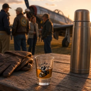 May include: A clear glass shot glass containing an amber liquid, featuring a black cartoon cat graphic riding a bomb with the text Lucky 13. Beside the glass are brown leather gloves and a tall, cylindrical stainless steel vacuum flask.