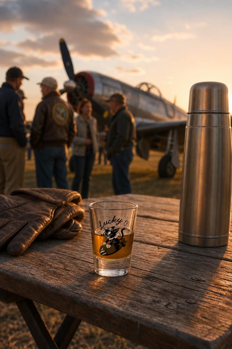 May include: A clear glass shot glass containing an amber liquid, featuring a black cartoon cat graphic riding a bomb with the text Lucky 13. Beside the glass are brown leather gloves and a tall, cylindrical stainless steel vacuum flask.