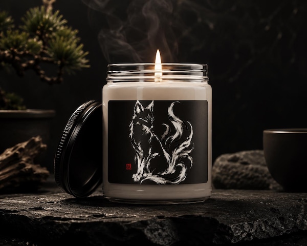 Kitsune Soy Candle, Japanese Fox Spirit Gift, Sumi-e Yokai Decor
