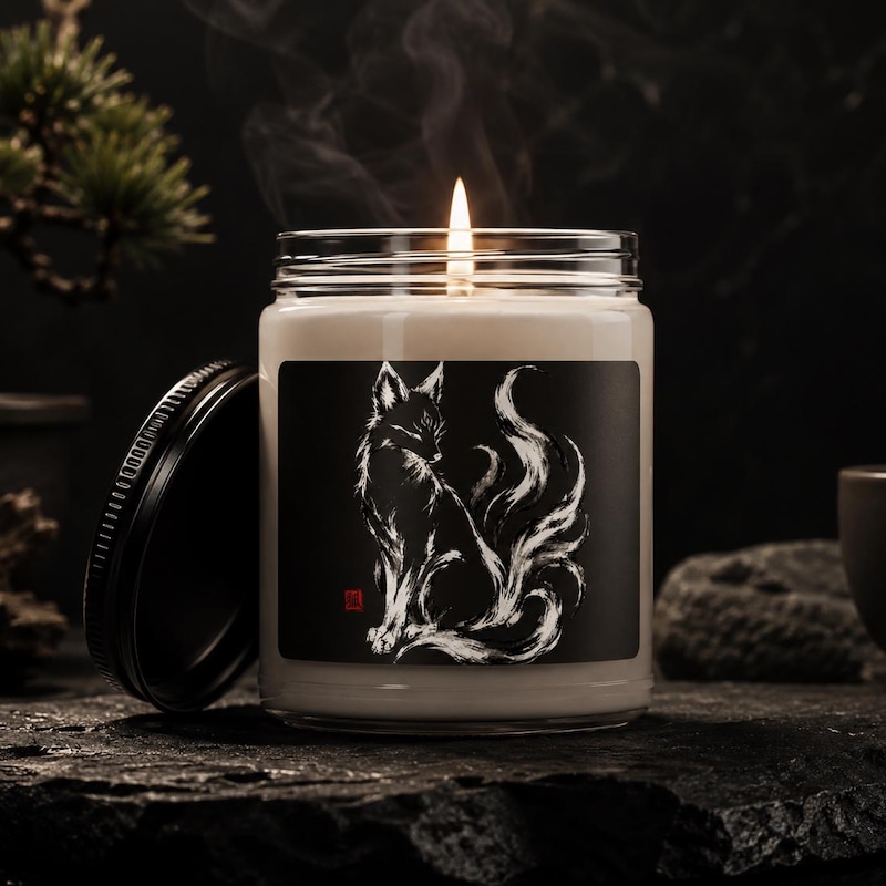 Kitsune Soy Candle, Japanese Fox Spirit Gift, Sumi-e Yokai Decor