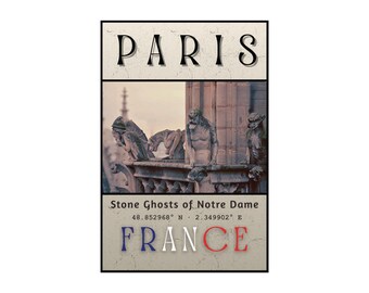 May include: A rectangular print with the word "PARIS" at the top, above an image of Notre Dame's gargoyles. The text "Stone Ghosts of Notre Dame" and "FRANCE" in red, white, and blue are below the image.