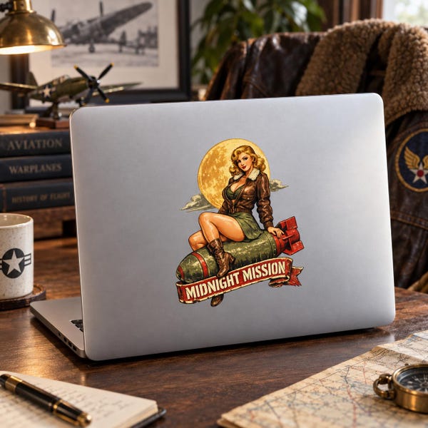 WWII Nose Art Sticker, Pin Up Bomber Decal, Midnight Mission