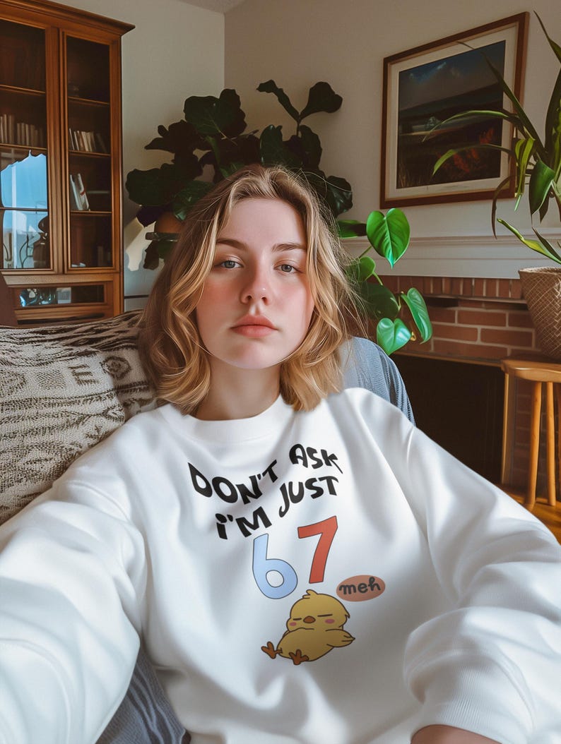 May include: White sweatshirt with the text "Don't Ask I'm Just 67 meh" in black, red, and blue. A cartoon chick is printed below the text. The sweatshirt has long sleeves.