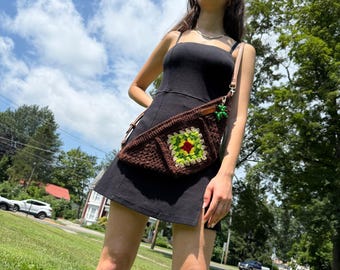 Handmade Brown Granny Square Crossbody Bag