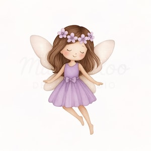Purple Fairy Clipart PNG – Watercolor Fairy Girl with Wings and Flowers for Nursery Decor, Party Invites & Crafts – Commercial Use
