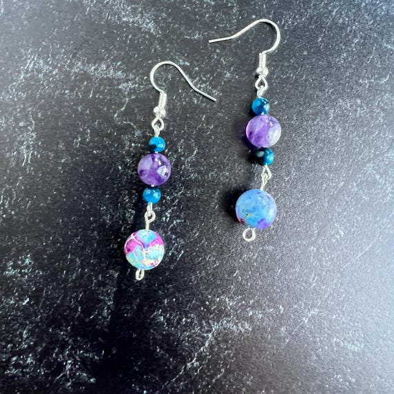Mystic Horizon Boho Dangle Gemstone Earrings: Imperial Jasper, Blue Tiger's Eye & Amethyst