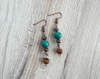 Desert Sky Dangles – Mosaic Turquoise & Glass Bead Earrings – Boho Copper Jewelry