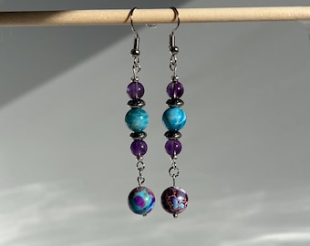 Mystic Gemstone Dangle Earrings: Imperial Jasper, Apatite & Amethyst
