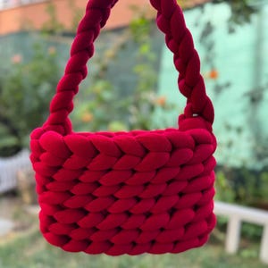 Chunky Handwoven Red Tote Bag – Soft Knit Shoulder Purse – Handmade Boho Fabric – Unique Statement Bag for Everyday Use - Giant Yarn Bags