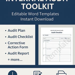 May include: A navy blue graphic with white text that reads "ISO 9001:2015 INTERNAL AUDIT TOOLKIT". The image also includes a checklist, audit plan, and instructions to download, edit, and print.