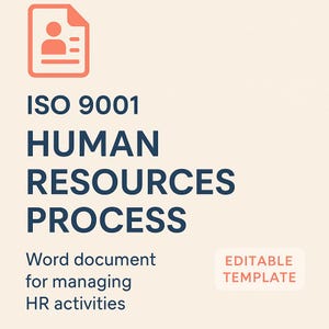 May include: A document icon in coral above the text "ISO 9001 HUMAN RESOURCES PROCESS". Below, the text reads "Word document for managing HR activities". A coral rectangle with the words "EDITABLE TEMPLATE" is in the lower right corner.