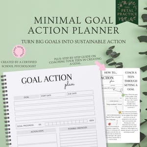 Może przedstawiać: Biały spiralny notatnik z napisem "MINIMAL GOAL ACTION PLANNER" i "TURN BIG GOALS INTO SUSTAINABLE ACTION." Notatnik zawiera sekcje na cele, daty rozpoczęcia, terminy i kroki działania. Zawiera również przewodnik po coachingu nastolatków.
