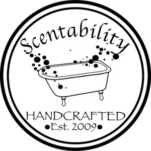 May include: Black and white circular logo with the word "Scentability" above a small bathtub illustration. The words "HANDCRAFTED" and "Est. 2009" are below the bathtub. Bubbles surround the tub.