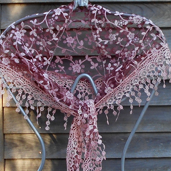 Deep Rose and Pink Lace Scarf,Triangle Shawl,Bridal Scarf,Best Friend Gift, Veil,Mantilla,Mass Veil,Vintage lace Veil