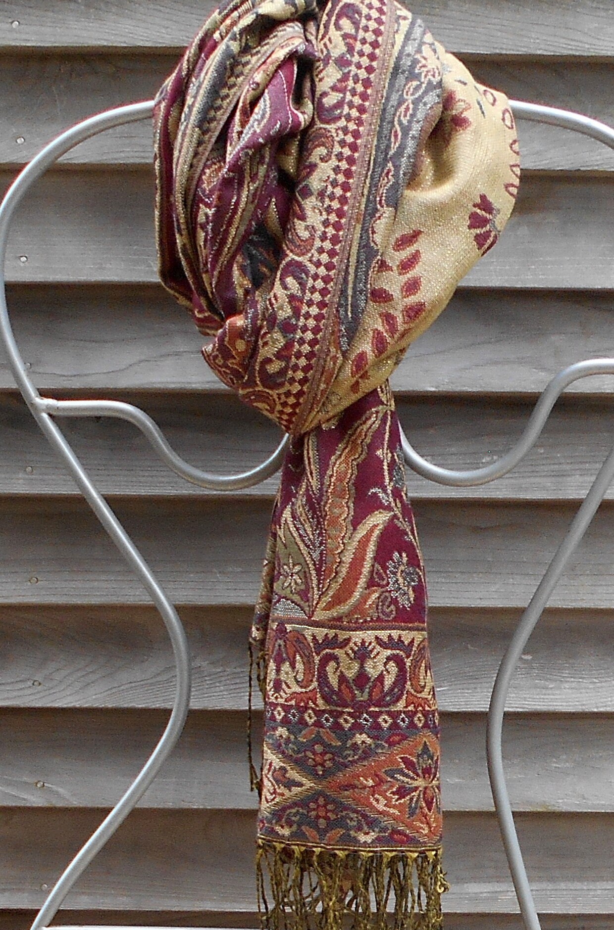 Pashmina,Festival Shawl,Brown, Red and Gold Paisley Pashmina,Rave Shawl