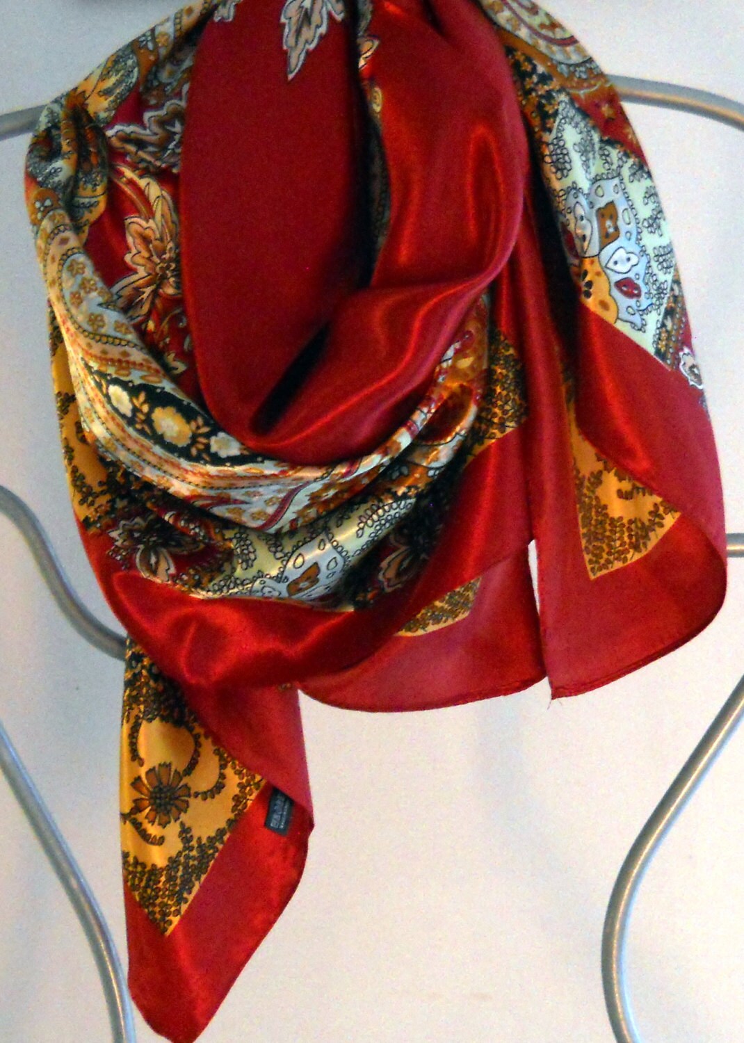 SALE-----Festival Shawl,Womens Fashion Scarf,Red Scarf, Square Rayon  Scarf,Gold Wrap,Womens Scarves,Paisley Scarf, Gift For Her
