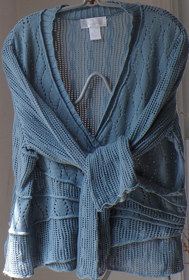 Maglione vintage Soft Surroundings, cotone blu e acrilico, XL, maglione peplo, maglione con scollo a V 1980, maglione blu immagine 5