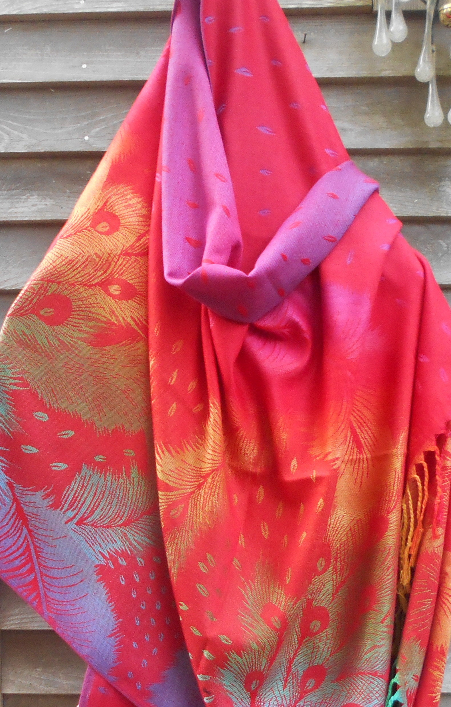 Festival Pashmina,Red and Purple Shawl, Shawl with feathers,Rainbow