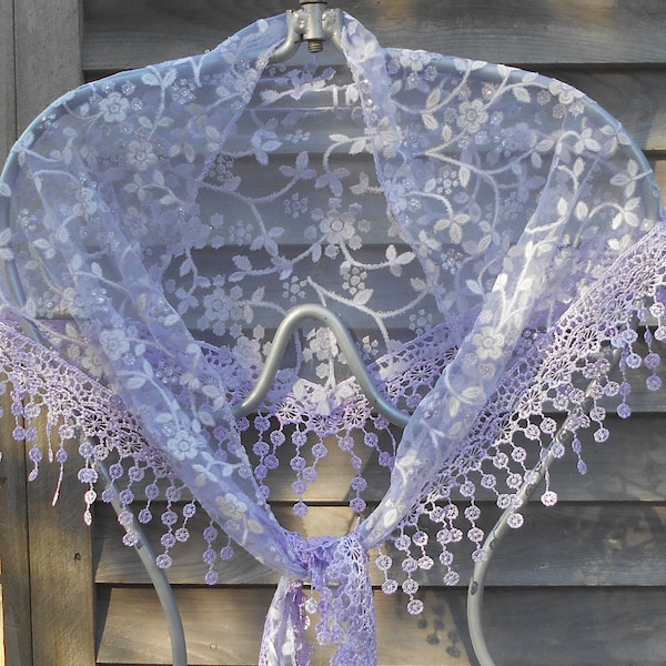 Electric Forest,Lavender Lace Scarf,Triangle Shawl,Bridal Scarf, Lilac Chapel Veil, Mantilla,Mother of the Bride ,Best Friend Gift