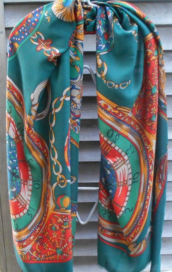 Festival Scarf, Green Scarf, Scarf with Clocks, Heady Scarf,Time Scarf