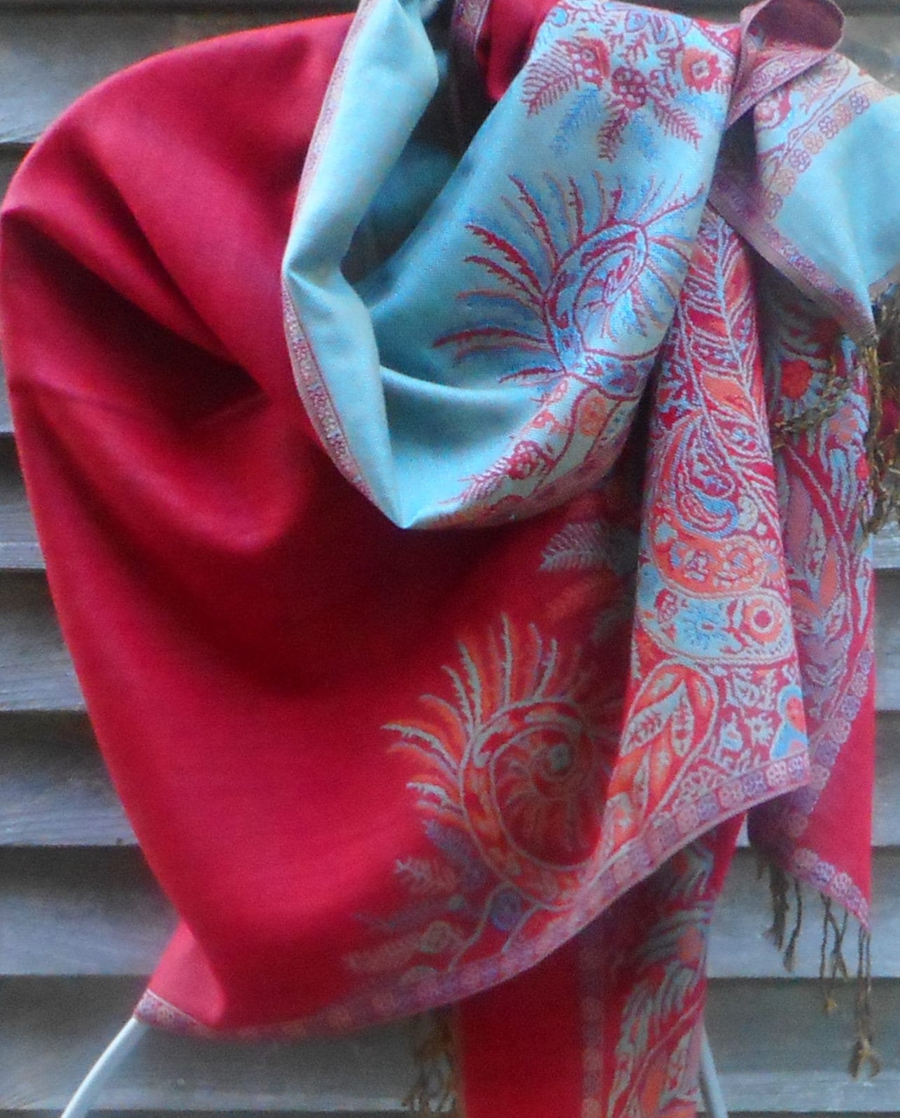 Pashima,Aqua Blue and Red Pashmina,Mother of the Bride Wrap,Best Friend ...