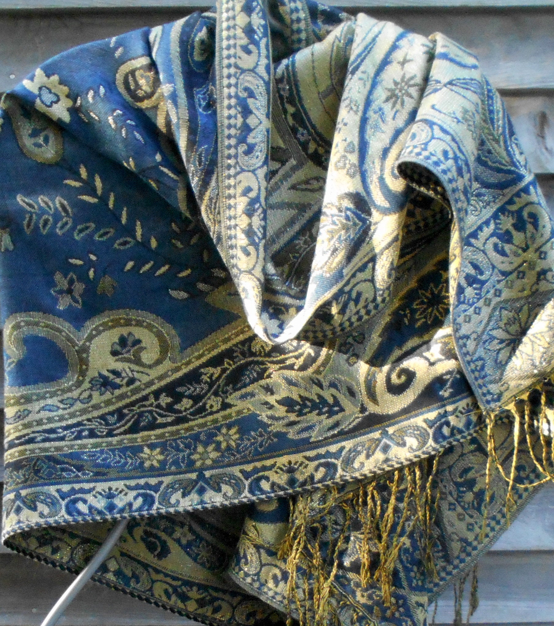 Pashmina Festival Shawl Blue and Gold Paisley Pashmina Mexican