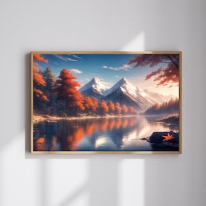 Landscape AI Poster | Autumn Lake With Mountain Reflection | Wall Art | Instant Download