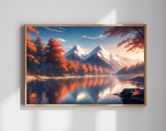 Landscape AI Poster | Autumn Lake With Mountain Reflection | Wall Art | Instant Download
