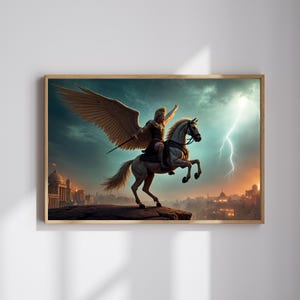Greek Mythology AI Poster | Perseus Riding Pegasus Over an Ancient City | Wall Art | Instant Download