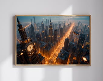 Landscape AI Poster | A Stunning Steampunk City With Towering Skyscrapers | Wall Art | Instant Download